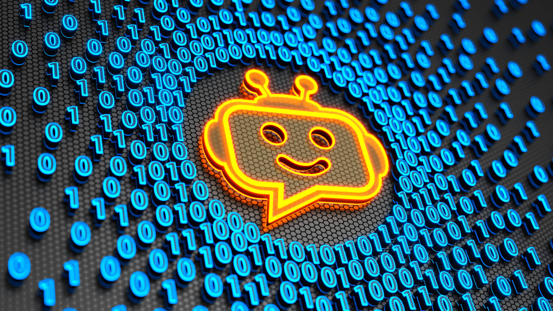 Chatbot icon on the digital binary code background