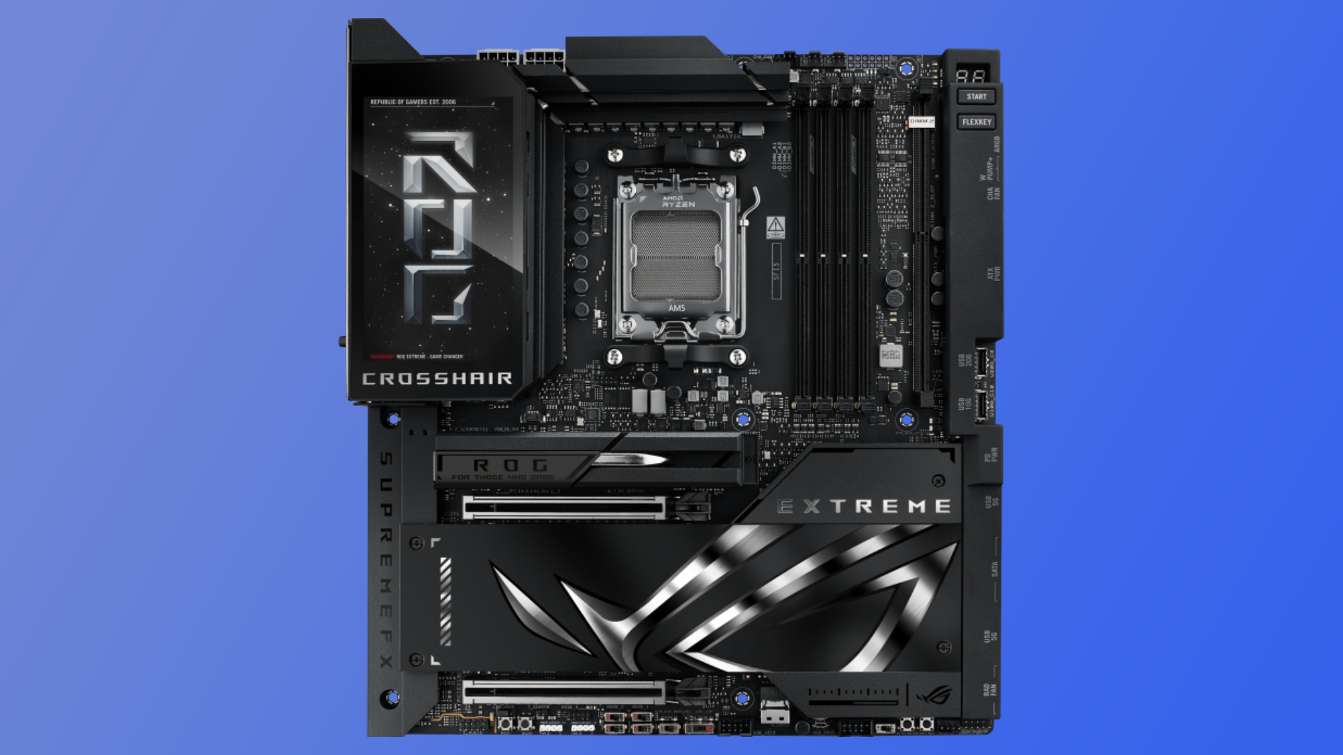 The Asus ROG Crosshair X870E Extreme motherboard on a blue gradient background