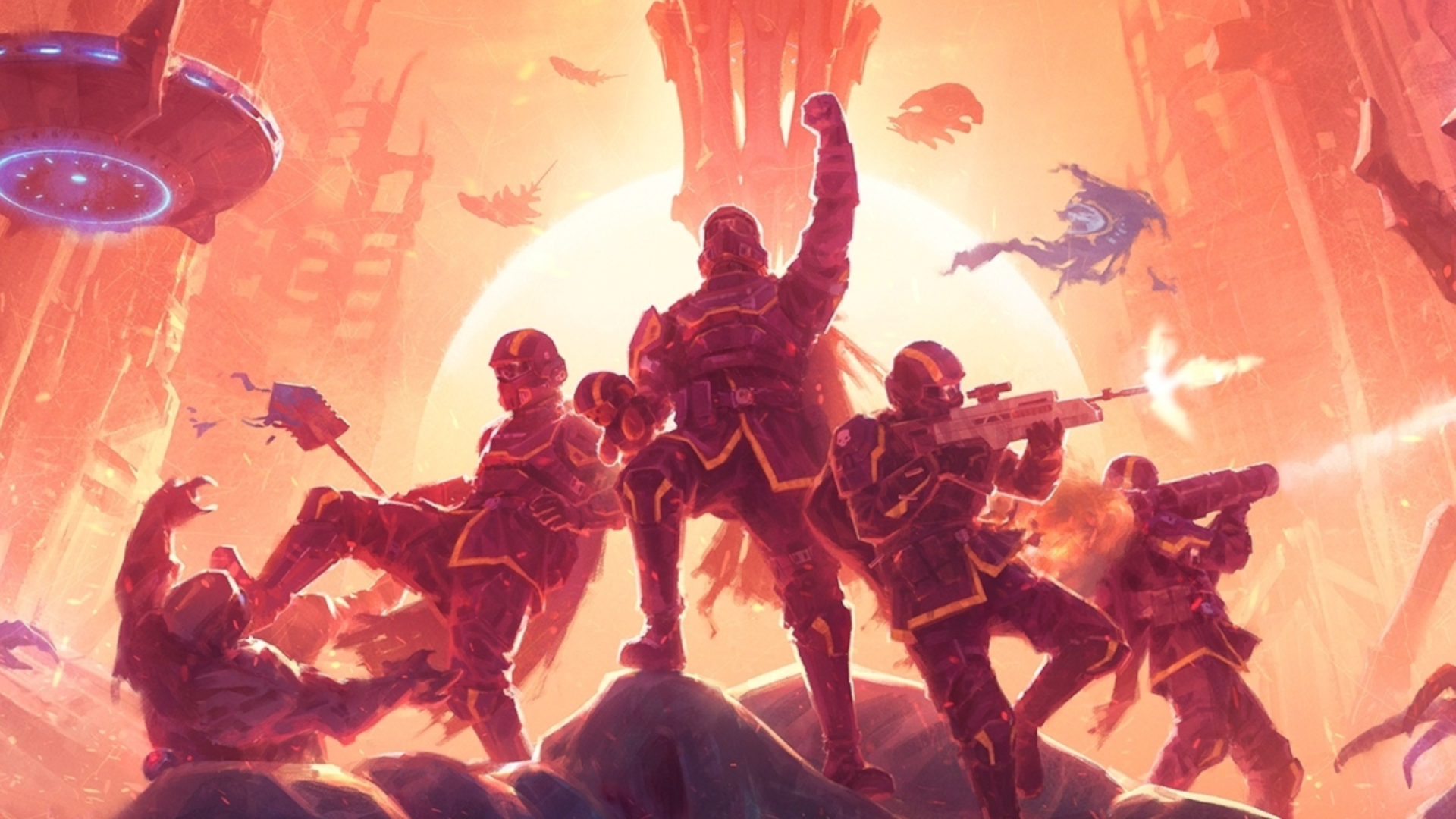 A squad of helldivers in Helldivers 2 bravely defend Super Earth from the Illuminate menace.